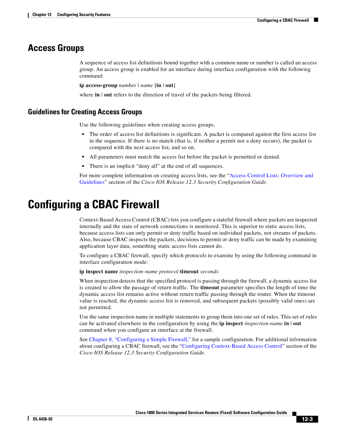 Cisco Systems OL-6426-02 manual Configuring a Cbac Firewall, Guidelines for Creating Access Groups, 12-3 