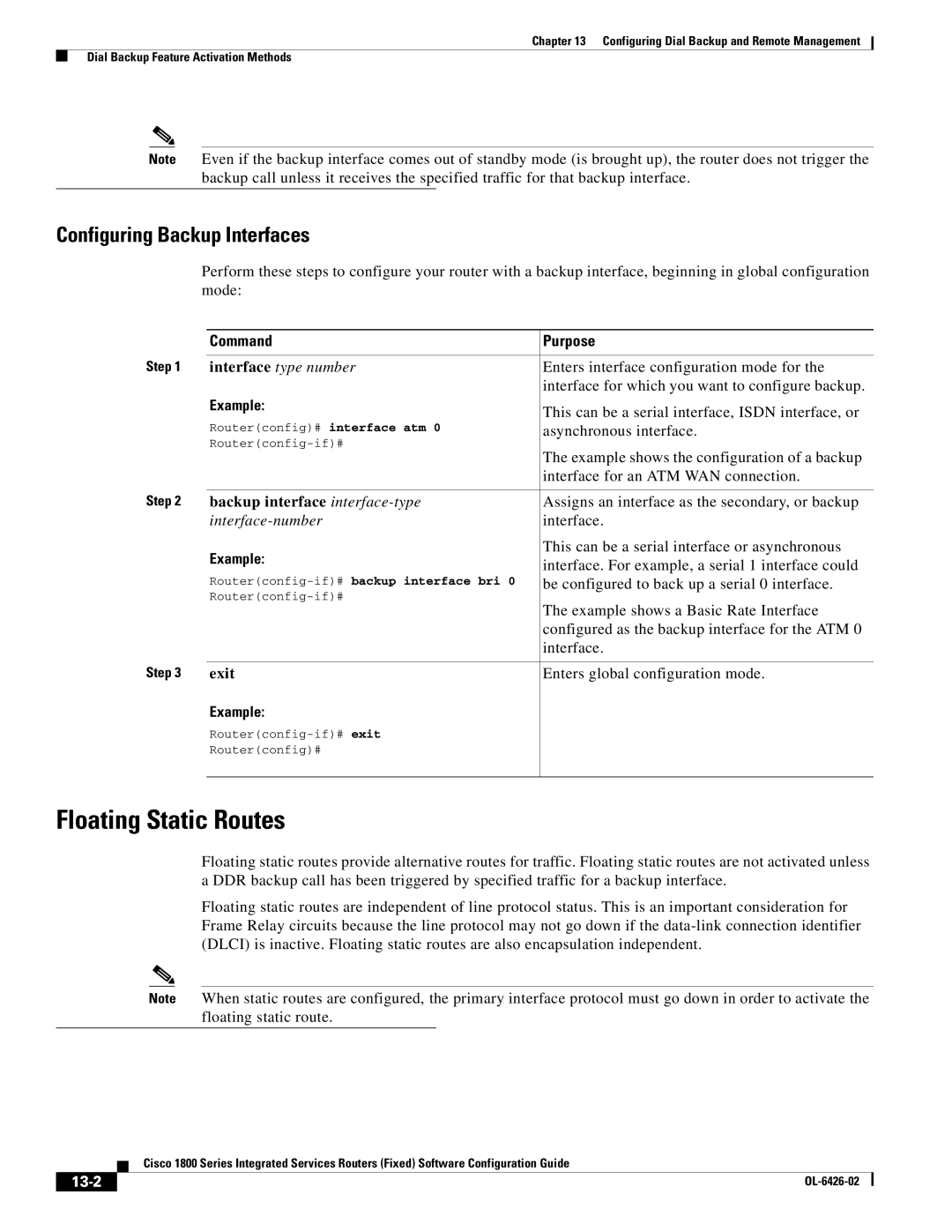 Cisco Systems OL-6426-02 manual Floating Static Routes, Configuring Backup Interfaces, 13-2 