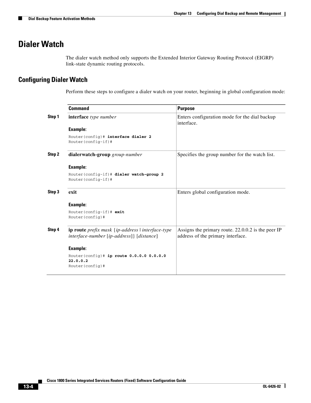 Cisco Systems OL-6426-02 manual Configuring Dialer Watch, Specifies the group number for the watch list, 13-4 