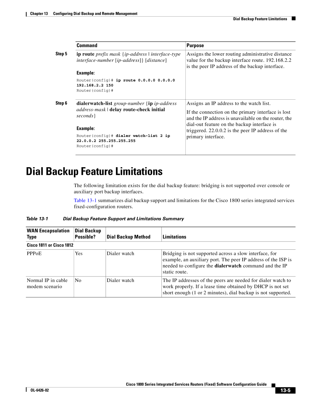 Cisco Systems OL-6426-02 Dial Backup Feature Limitations, Dial Backup Type Possible? Dial Backup Method Limitations, 13-5 