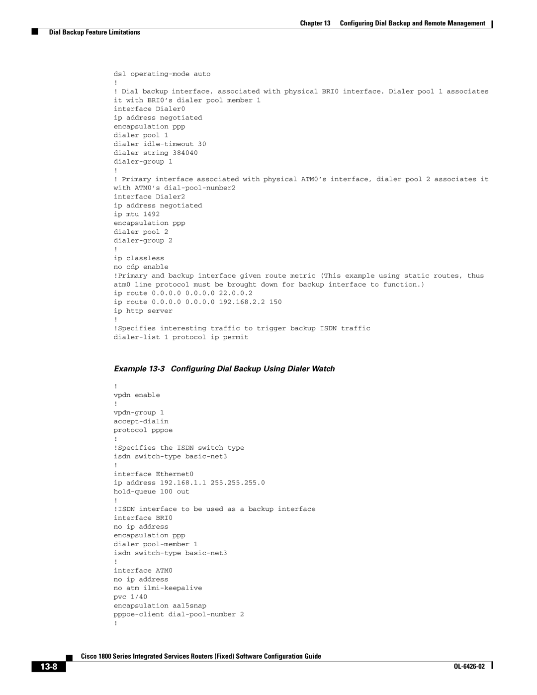 Cisco Systems OL-6426-02 manual 13-8, Example 13-3 Configuring Dial Backup Using Dialer Watch 