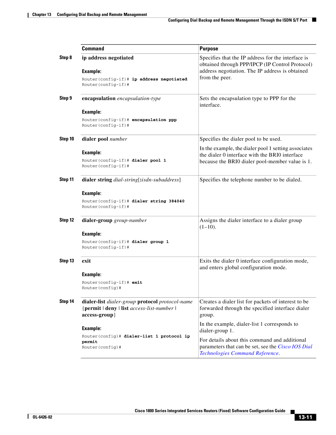 Cisco Systems OL-6426-02 manual Ip address negotiated, Dialer pool number, Dialer-group group-number, Access-group, 13-11 