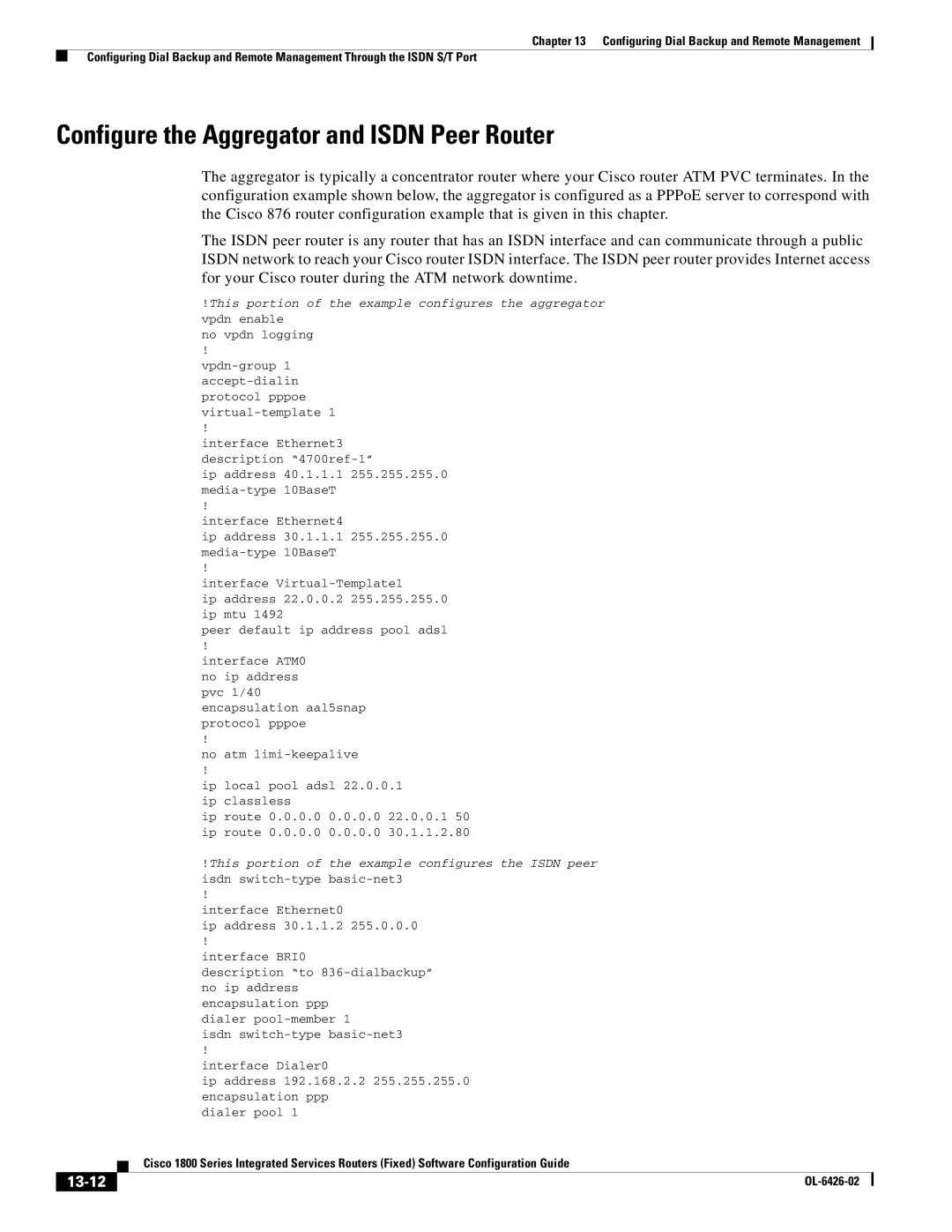 Cisco Systems OL-6426-02 manual Configure the Aggregator and Isdn Peer Router, 13-12 