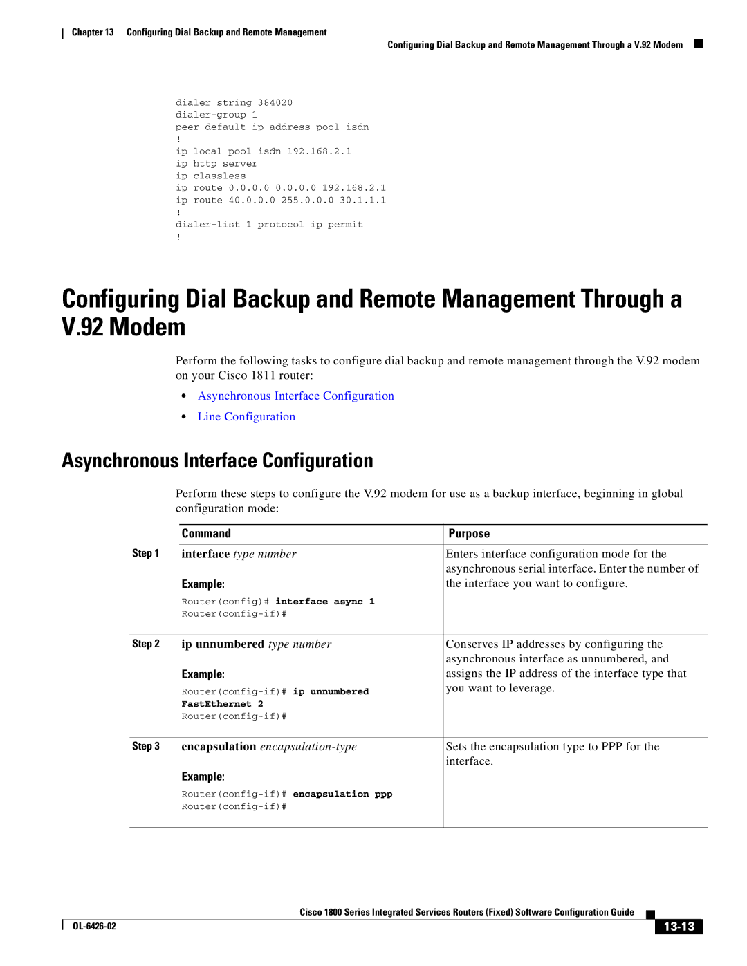 Cisco Systems OL-6426-02 manual Asynchronous Interface Configuration, 13-13 