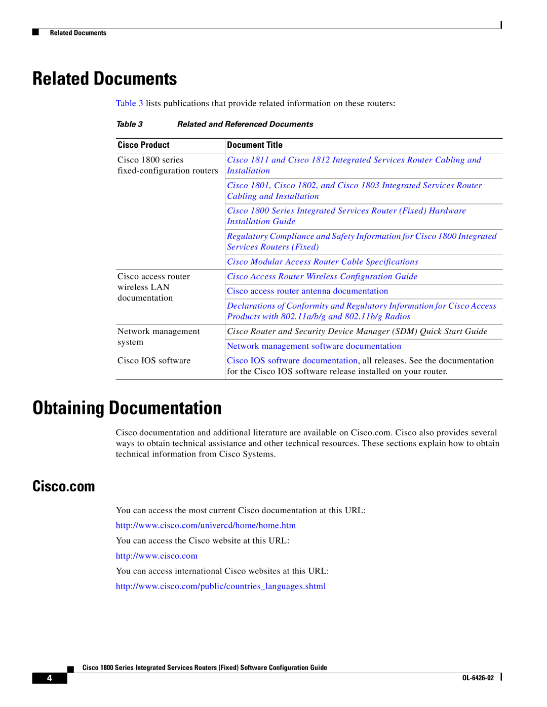 Cisco Systems OL-6426-02 manual Related Documents, Obtaining Documentation, Cisco.com 