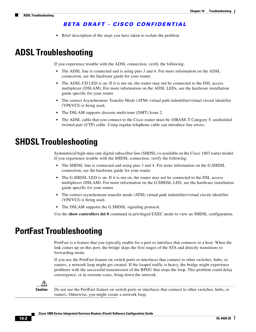 Cisco Systems OL-6426-02 manual Adsl Troubleshooting, Shdsl Troubleshooting, PortFast Troubleshooting, 14-2 