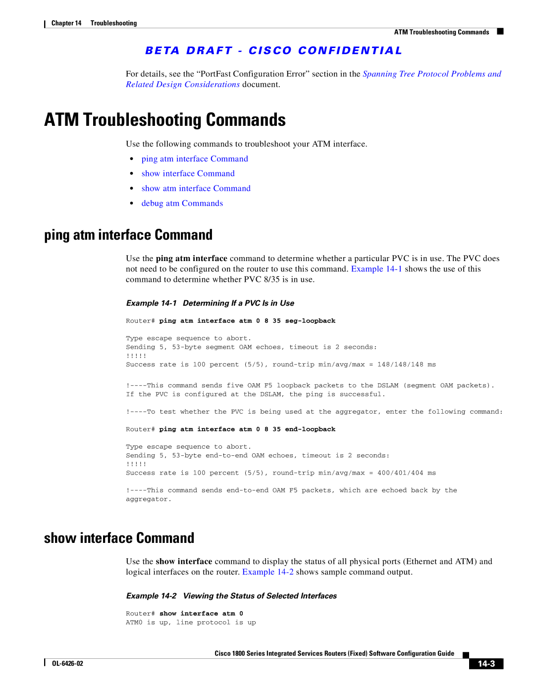 Cisco Systems OL-6426-02 manual ATM Troubleshooting Commands, Ping atm interface Command, Show interface Command, 14-3 