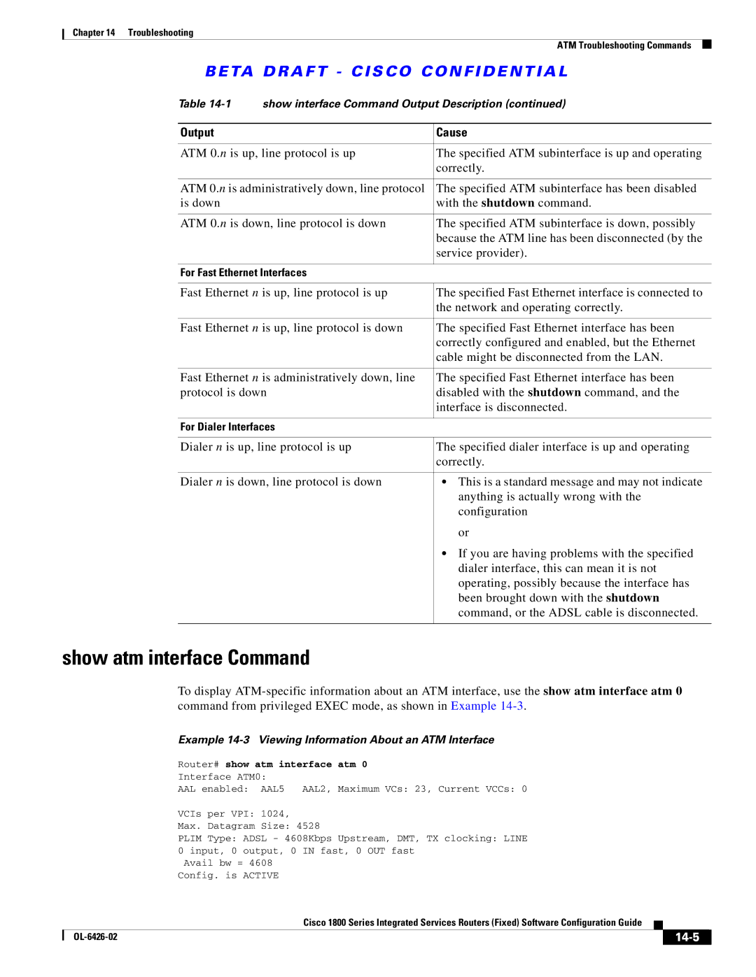 Cisco Systems OL-6426-02 manual Show atm interface Command, 14-5, Router# show atm interface atm 