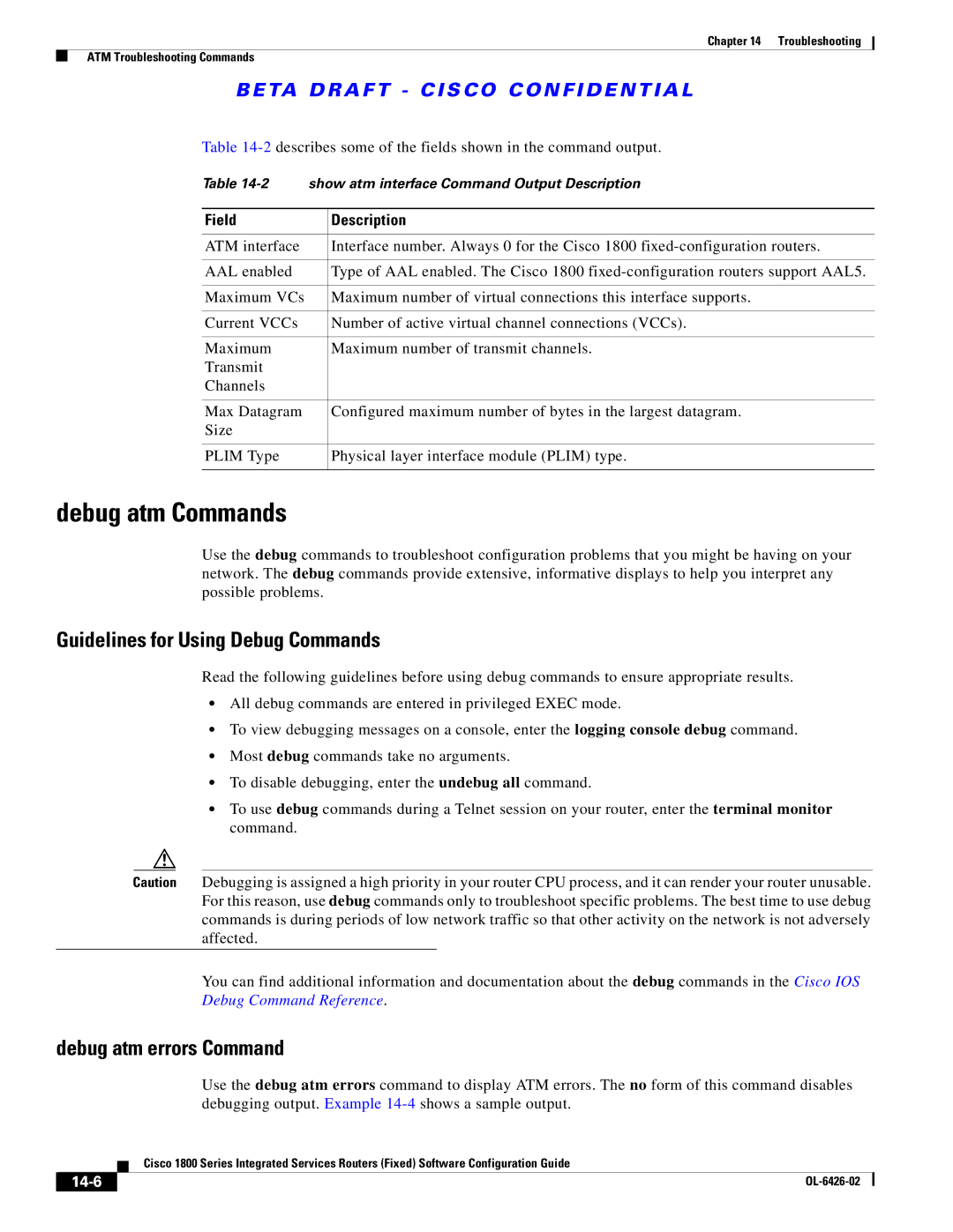 Cisco Systems OL-6426-02 manual Debug atm Commands, Guidelines for Using Debug Commands, Debug atm errors Command, 14-6 