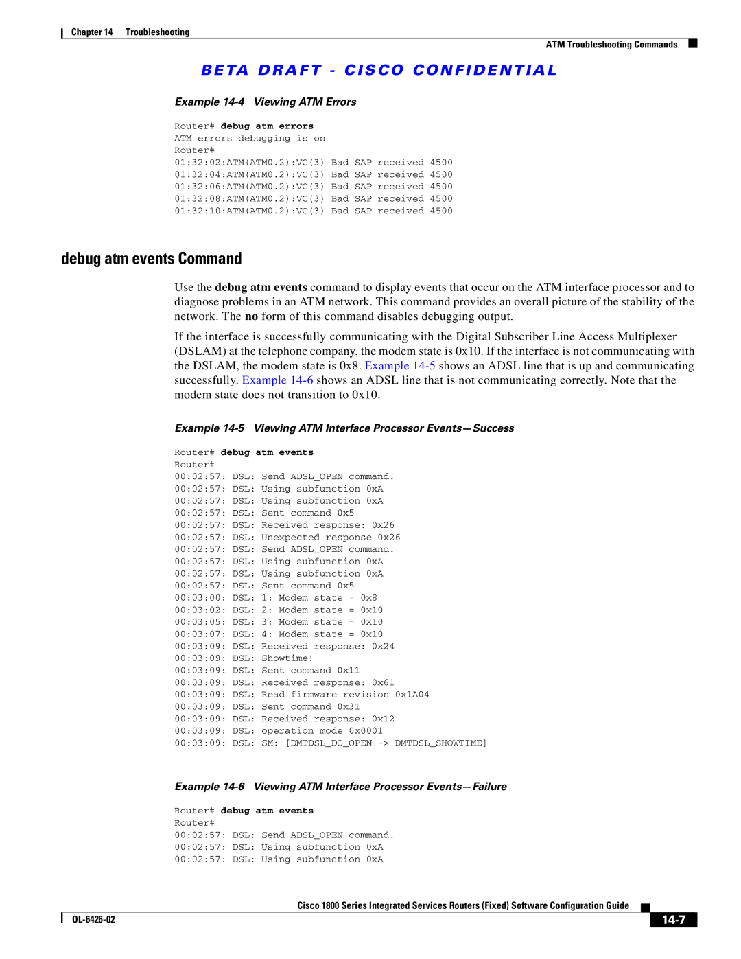 Cisco Systems OL-6426-02 manual Debug atm events Command, 14-7, Router# debug atm errors ATM errors debugging is on Router# 