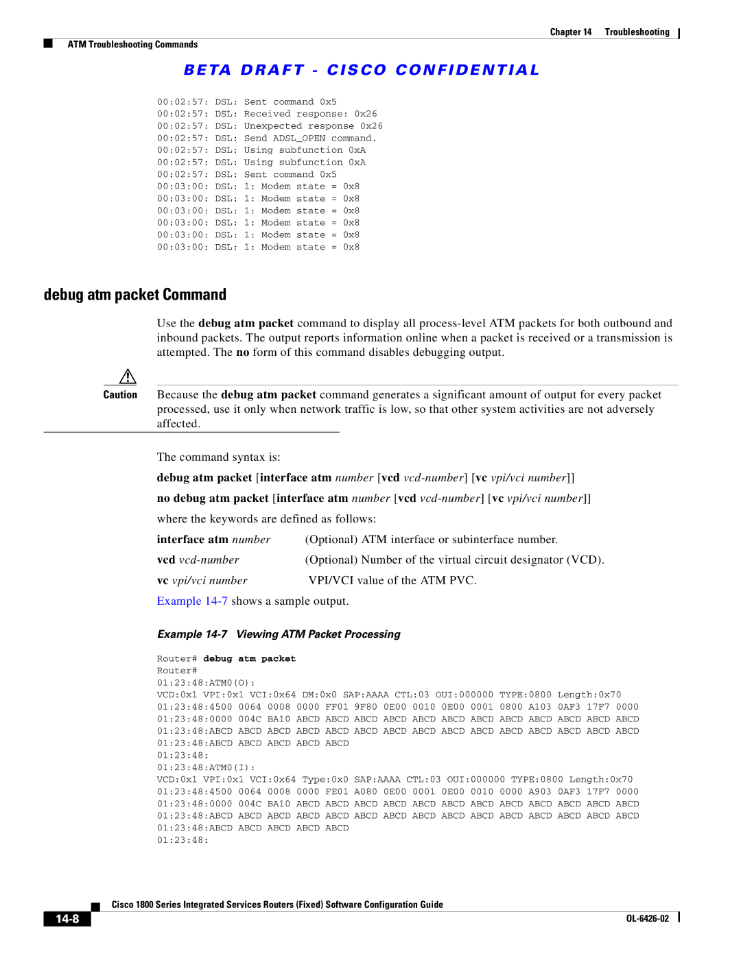 Cisco Systems OL-6426-02 manual Debug atm packet Command, Where the keywords are defined as follows, 14-8 