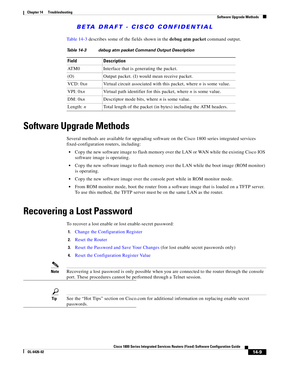 Cisco Systems OL-6426-02 manual Software Upgrade Methods, Recovering a Lost Password, ATM0, 14-9 