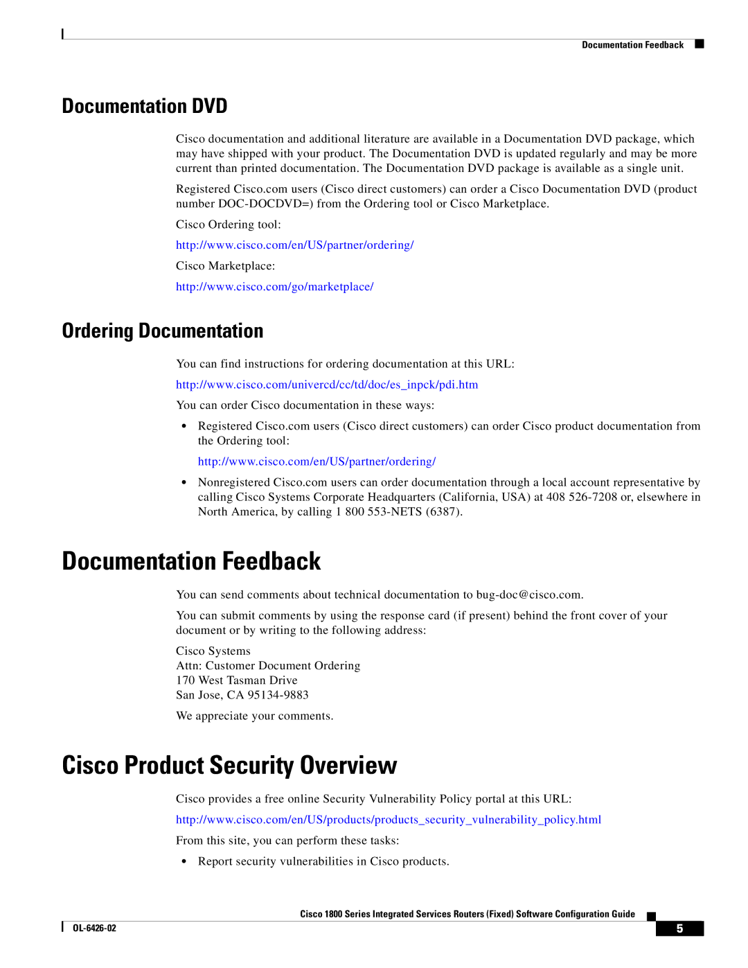 Cisco Systems OL-6426-02 manual Documentation Feedback, Cisco Product Security Overview, Documentation DVD 