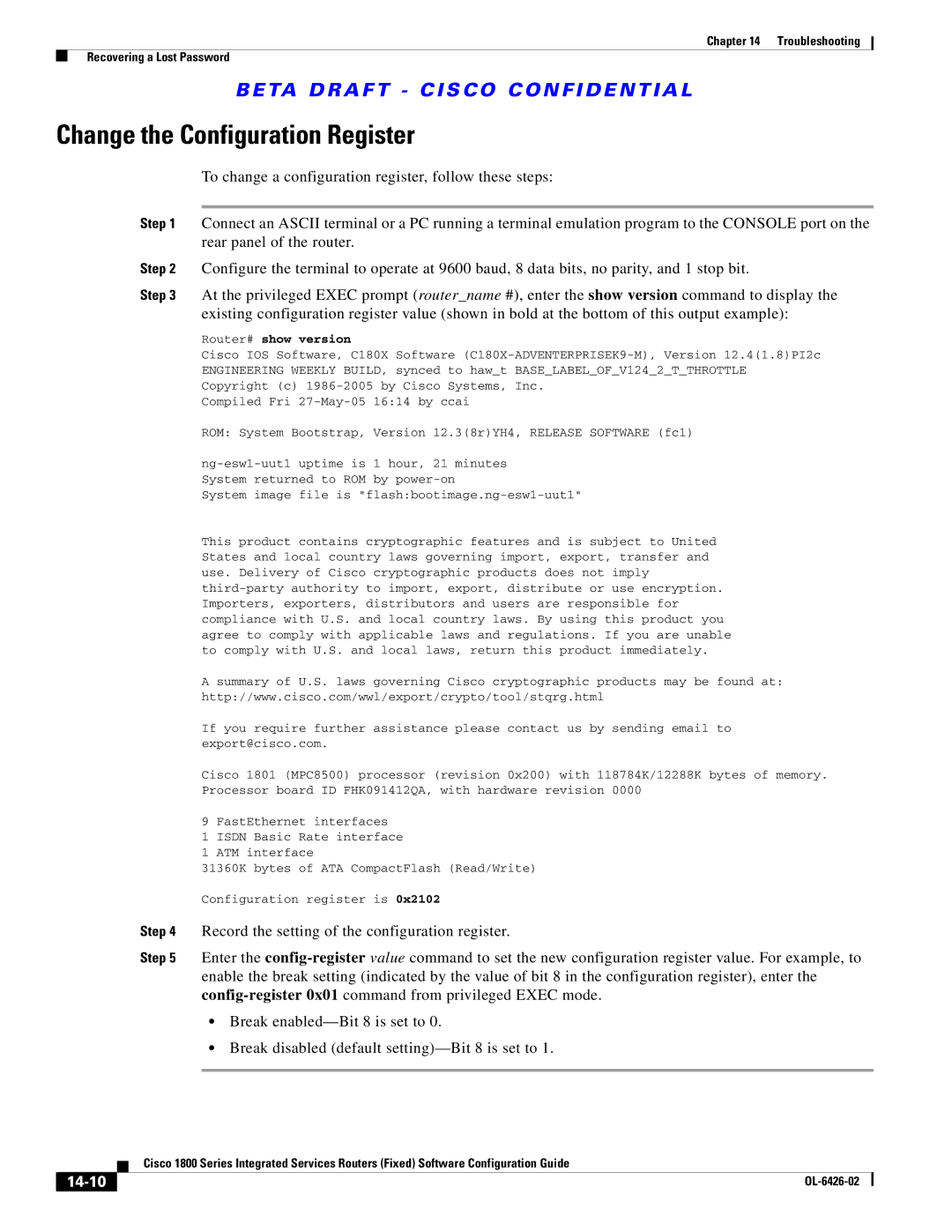 Cisco Systems OL-6426-02 manual Change the Configuration Register, 14-10, Router# show version 