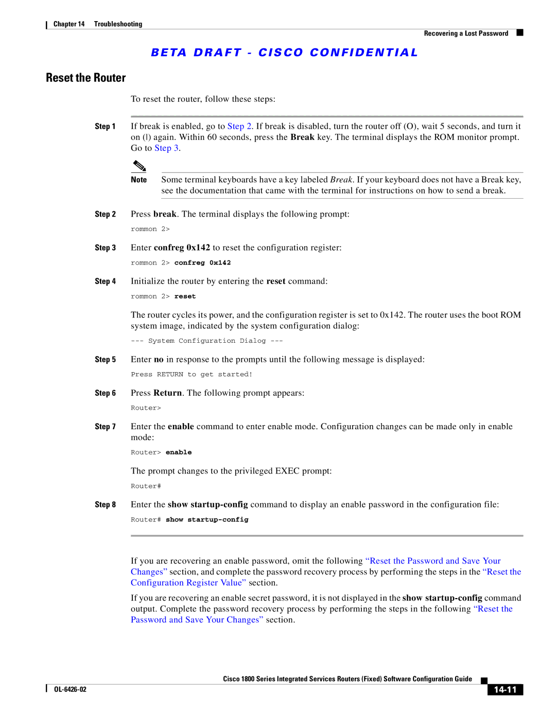 Cisco Systems OL-6426-02 Reset the Router, Press Return. The following prompt appears, 14-11, Router# show startup-config 