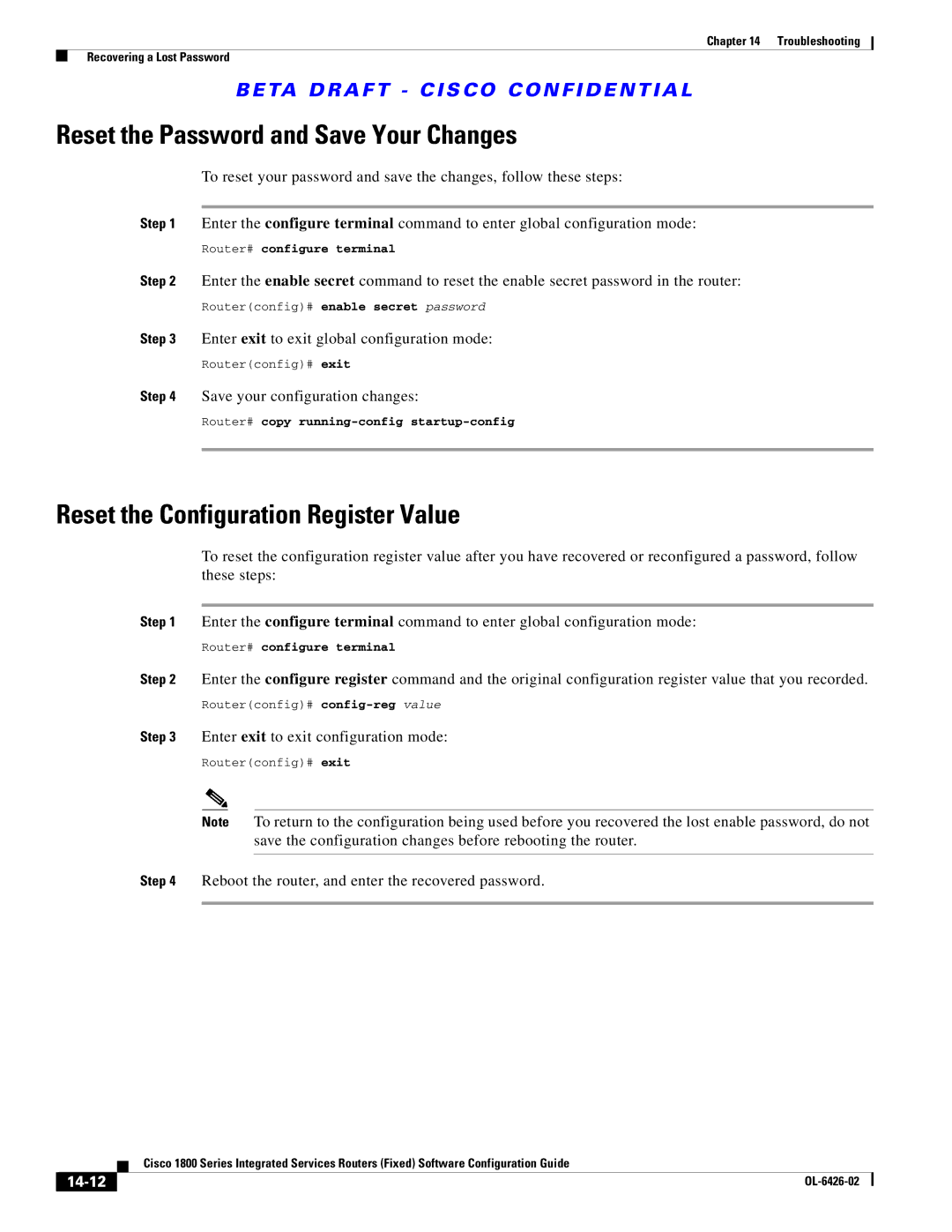 Cisco Systems OL-6426-02 manual Reset the Password and Save Your Changes, Reset the Configuration Register Value, 14-12 