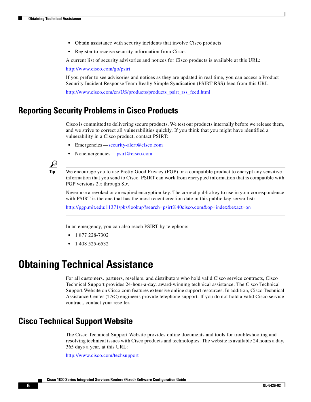 Cisco Systems OL-6426-02 manual Obtaining Technical Assistance, Reporting Security Problems in Cisco Products 