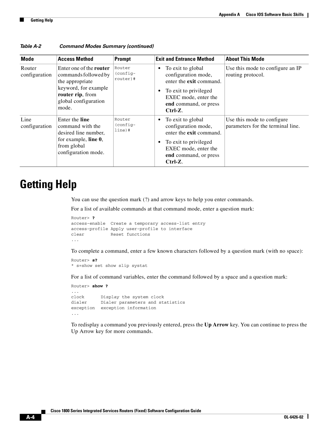 Cisco Systems OL-6426-02 Getting Help, Router Enter one of the router, Configuration mode Routing protocol Appropriate 