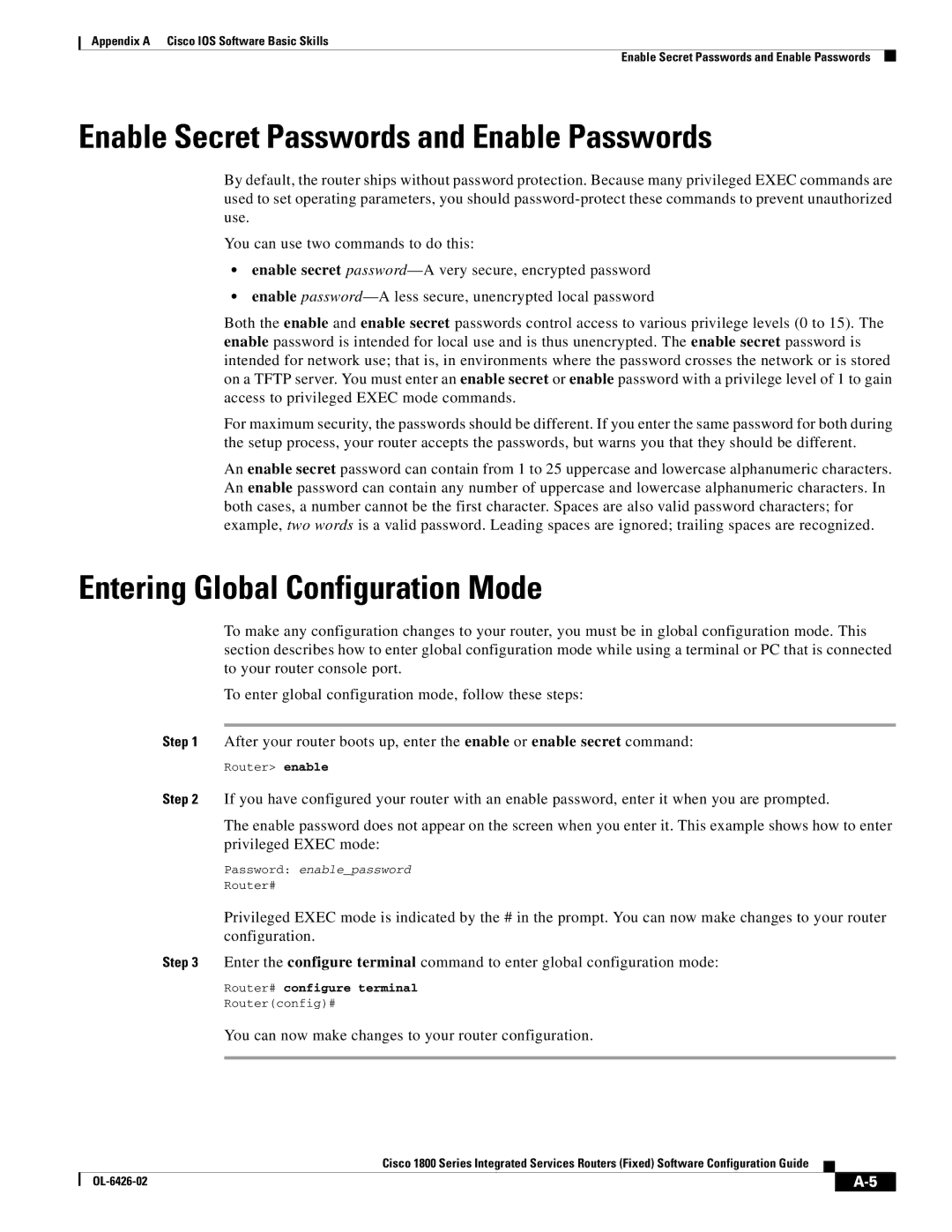 Cisco Systems OL-6426-02 manual Enable Secret Passwords and Enable Passwords, Entering Global Configuration Mode 