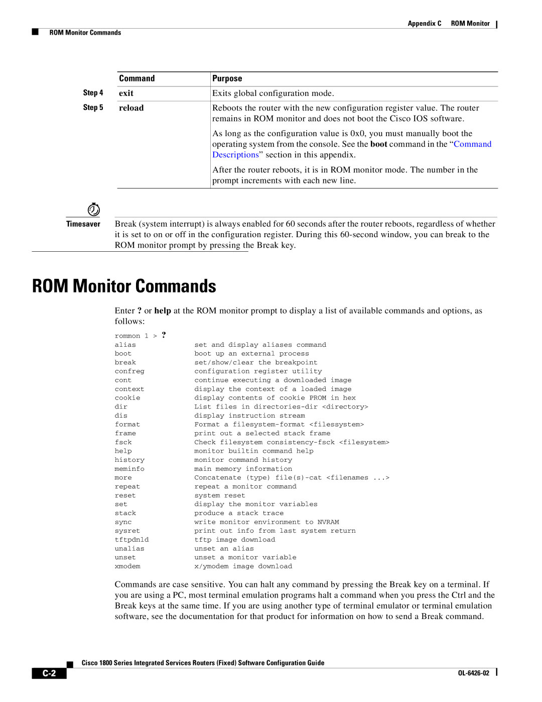 Cisco Systems OL-6426-02 manual ROM Monitor Commands, Exits global configuration mode, Reload 