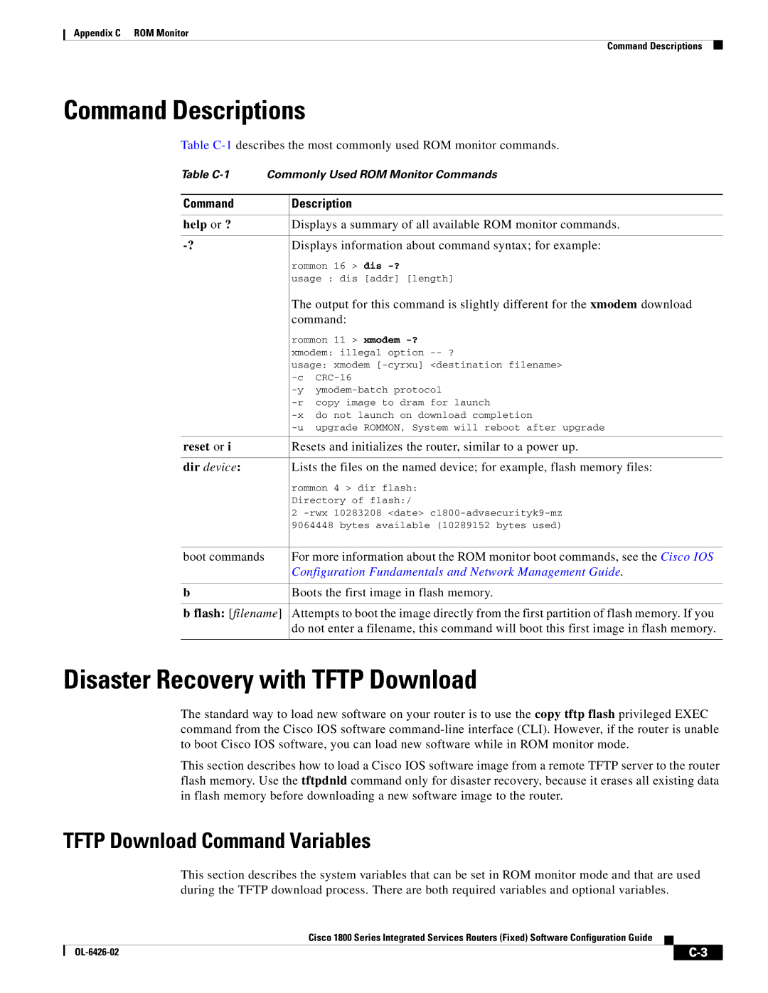 Cisco Systems OL-6426-02 manual Command Descriptions, Disaster Recovery with Tftp Download, Tftp Download Command Variables 