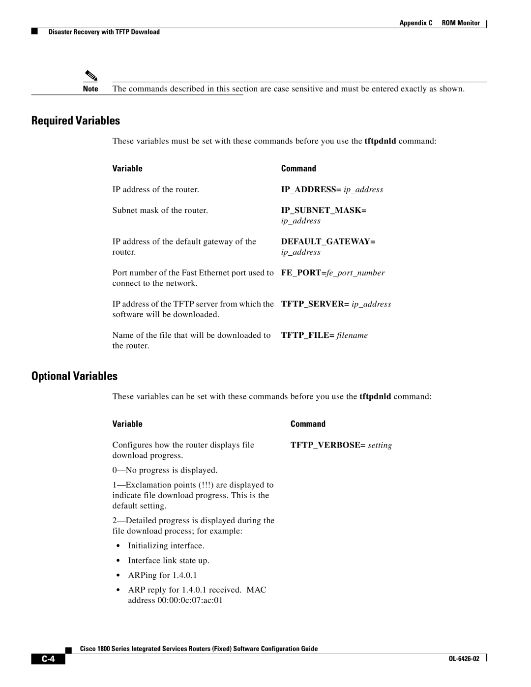 Cisco Systems OL-6426-02 manual Required Variables, Optional Variables, Variable Command 