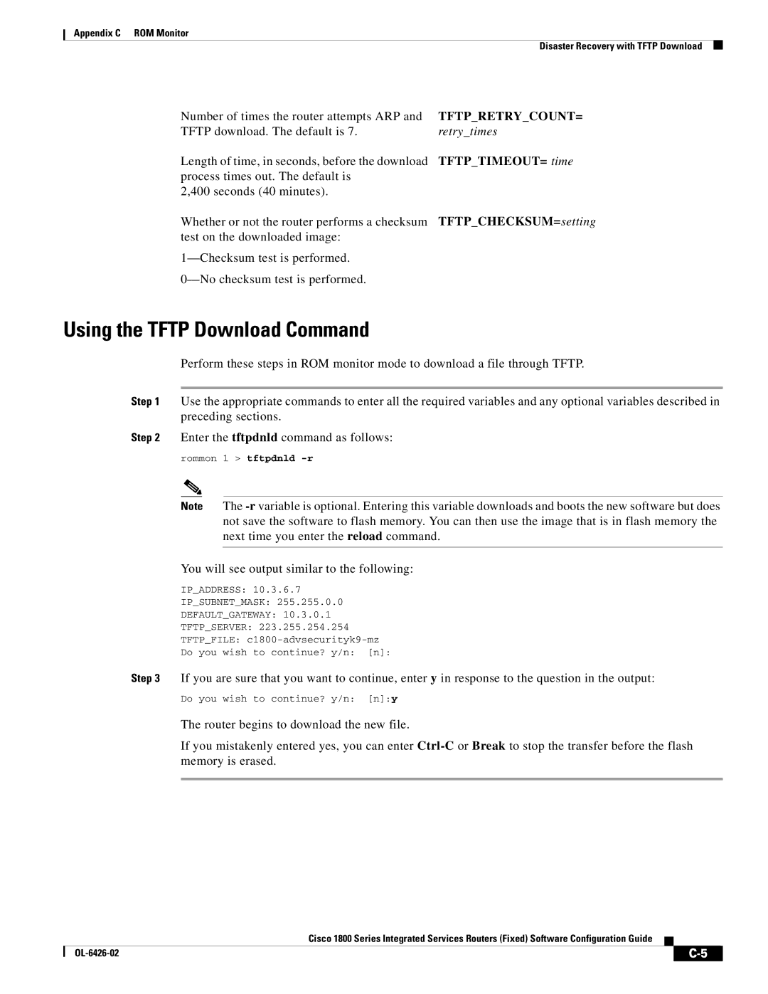 Cisco Systems OL-6426-02 manual Using the Tftp Download Command, Retrytimes, TFTPTIMEOUT= time, TFTPCHECKSUM= setting 