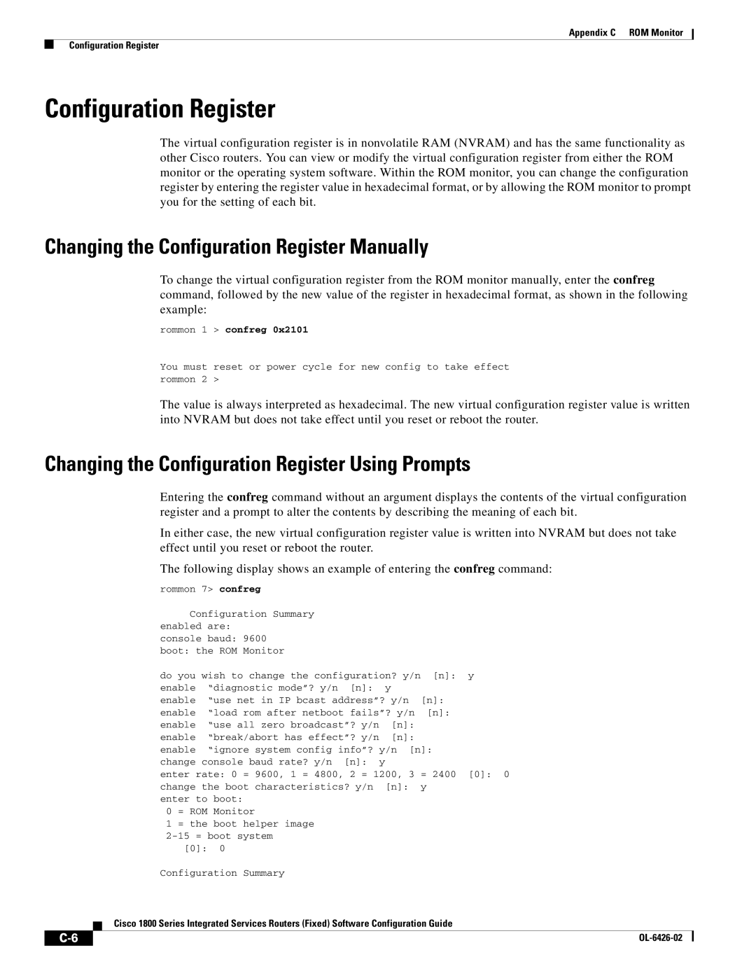 Cisco Systems OL-6426-02 manual Changing the Configuration Register Manually, Rommon 1 confreg 