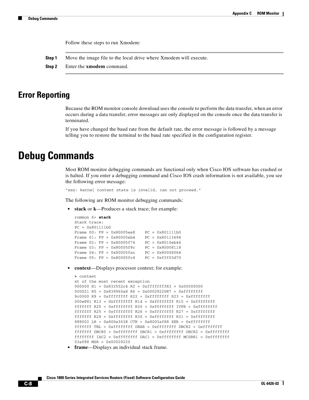 Cisco Systems OL-6426-02 manual Debug Commands, Error Reporting, Context-Displays processor context for example 