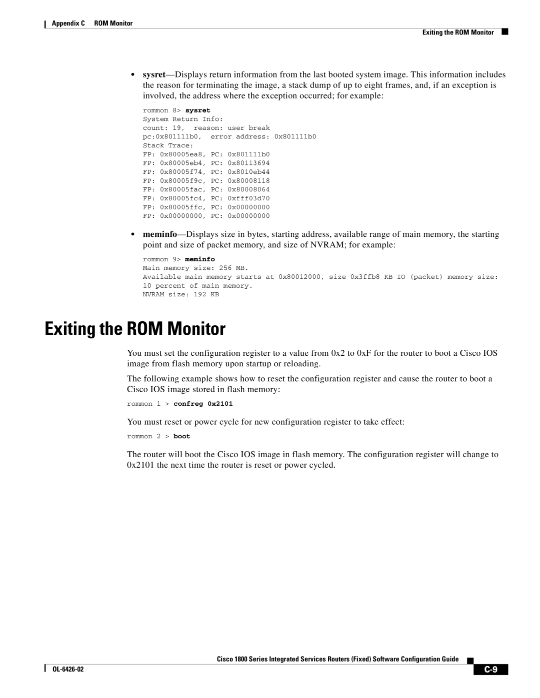 Cisco Systems OL-6426-02 manual Exiting the ROM Monitor, Rommon 1 confreg 