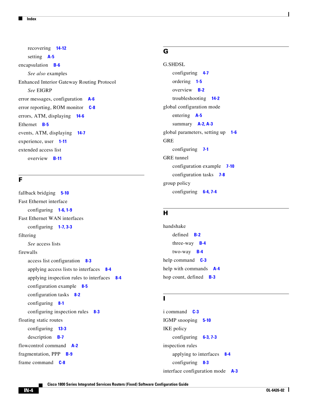 Cisco Systems OL-6426-02 manual See also examples, Ethernet B-5 Events, ATM, displaying, Gre, IN-4 