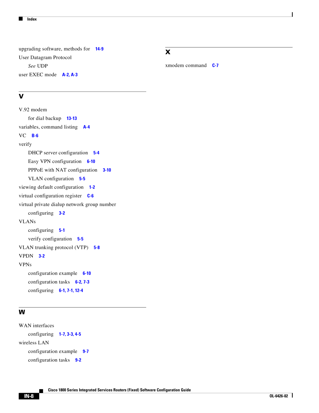 Cisco Systems OL-6426-02 manual Upgrading software, methods for 14-9User Datagram Protocol, See UDP, IN-8 