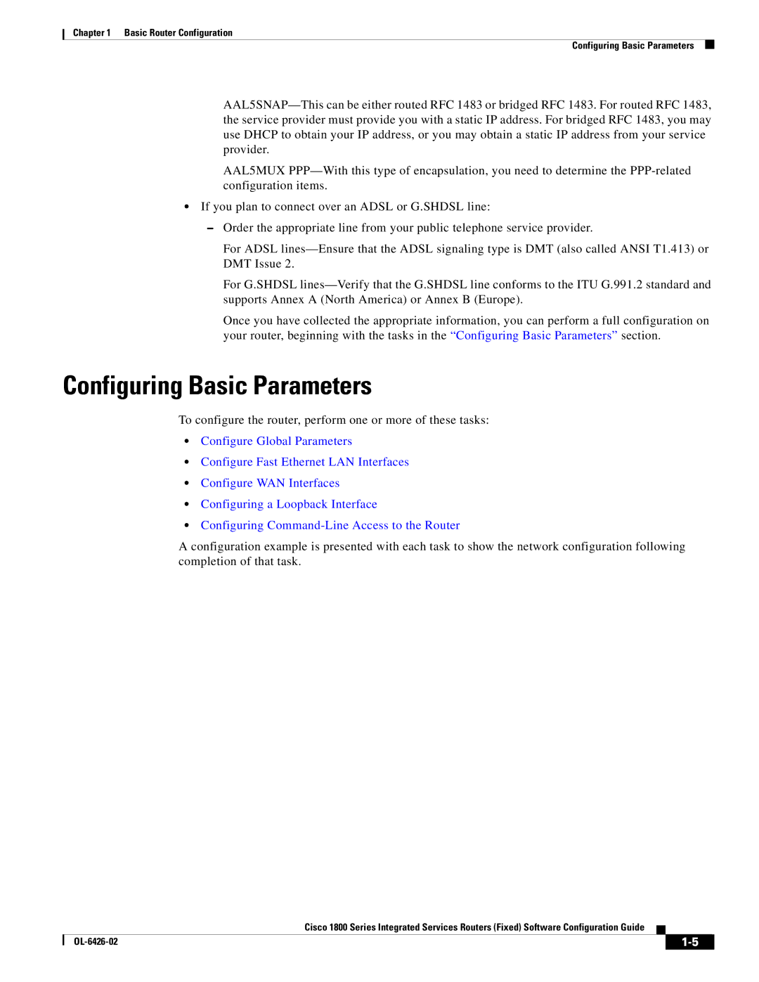 Cisco Systems OL-6426-02 manual Configuring Basic Parameters, To configure the router, perform one or more of these tasks 