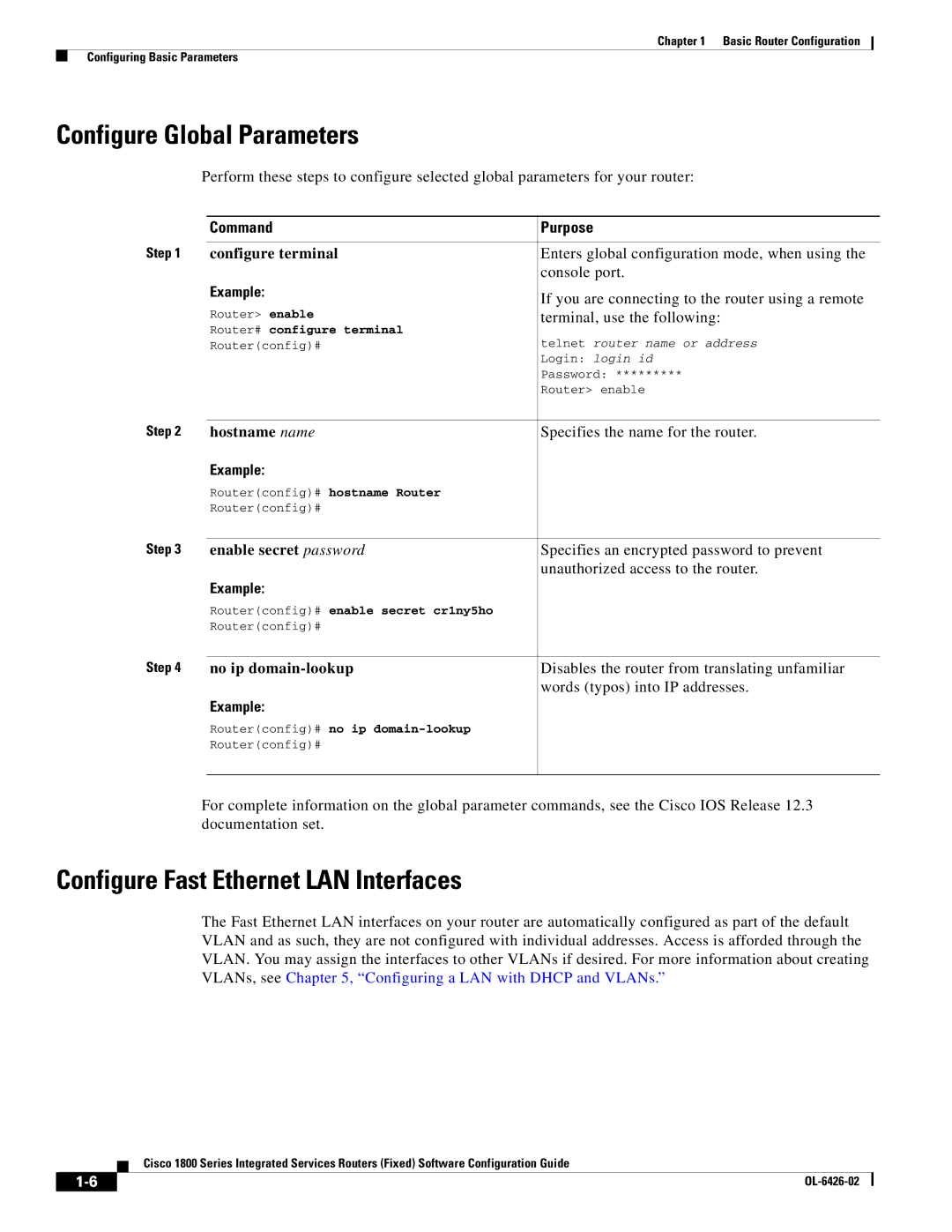 Cisco Systems OL-6426-02 Configure Global Parameters, Configure Fast Ethernet LAN Interfaces, Command Purpose, Example 