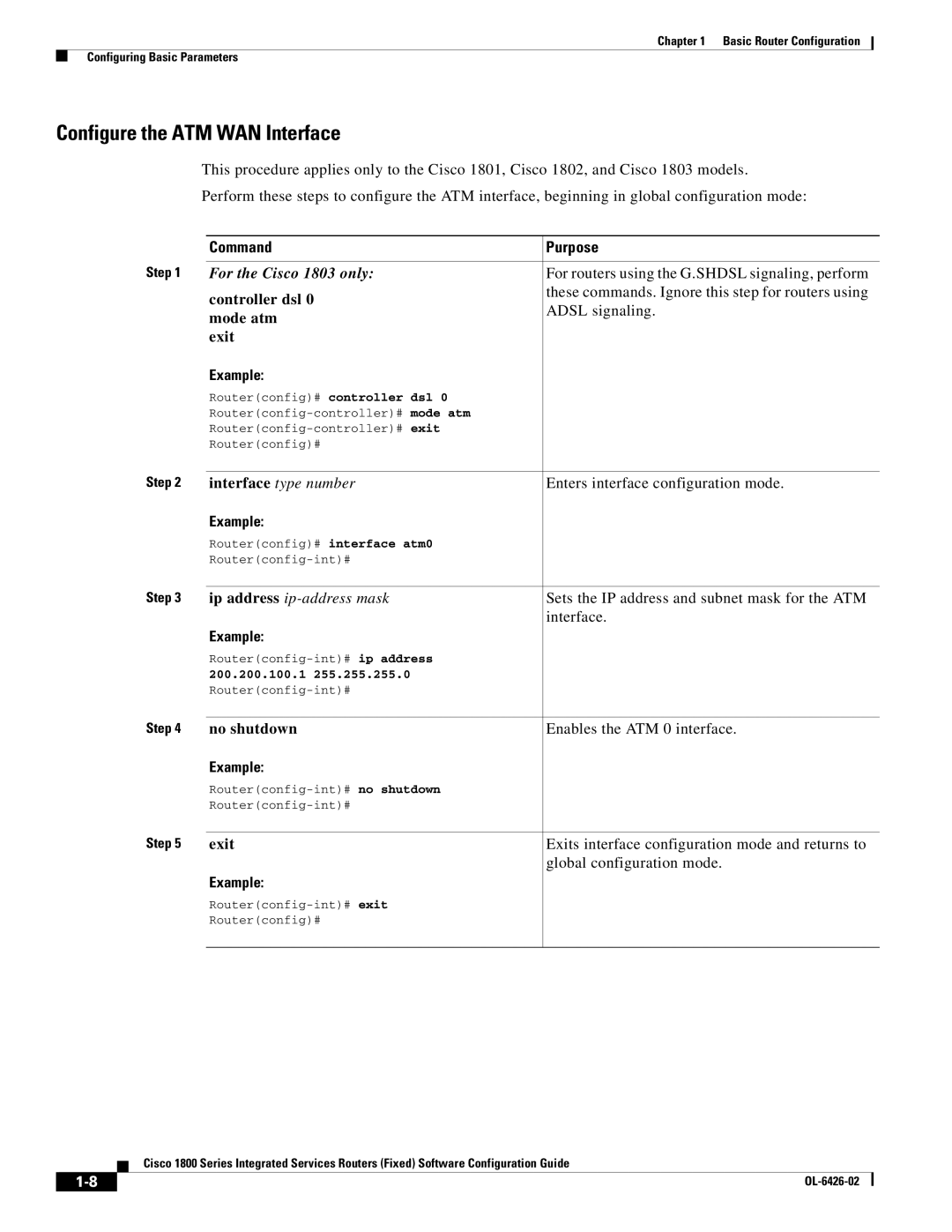 Cisco Systems OL-6426-02 manual Configure the ATM WAN Interface, Controller dsl, Mode atm Exit, No shutdown 