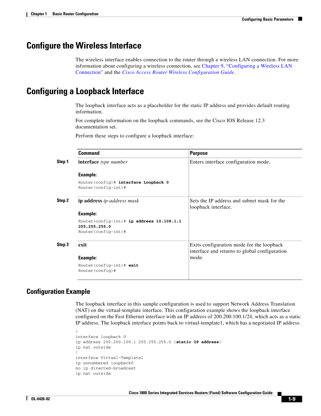 Cisco Systems OL-6426-02 manual Configure the Wireless Interface, Configuring a Loopback Interface, Configuration Example 