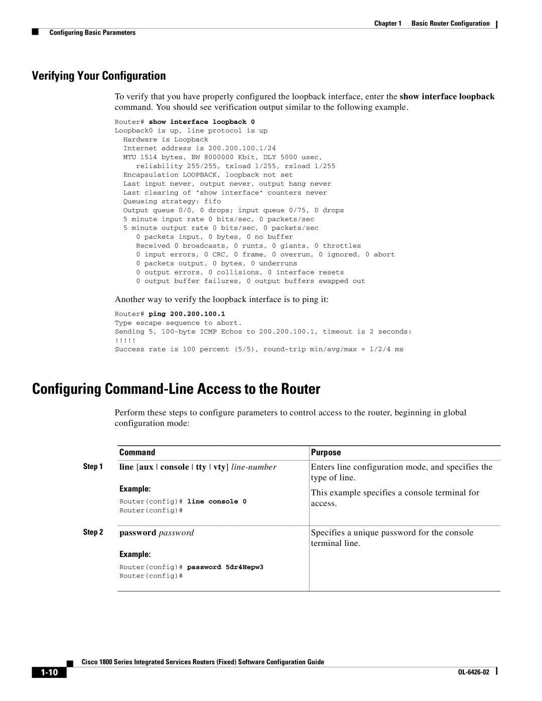 Cisco Systems OL-6426-02 Configuring Command-Line Access to the Router, Verifying Your Configuration, Password password 