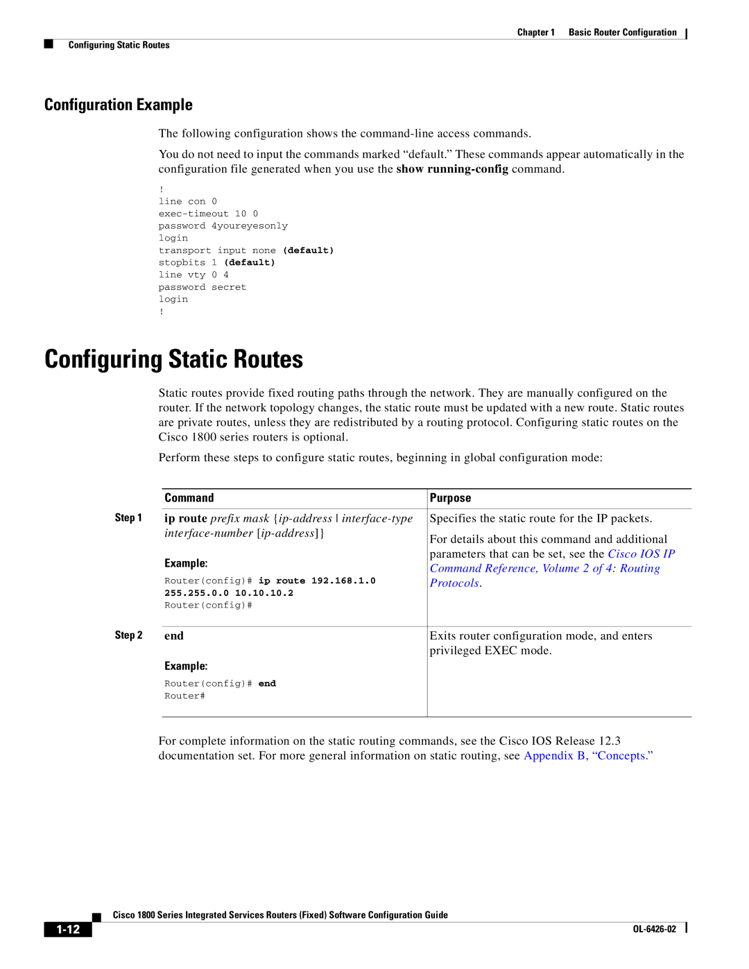 Cisco Systems OL-6426-02 Configuring Static Routes, Parameters that can be set, see the Cisco IOS IP, Privileged Exec mode 