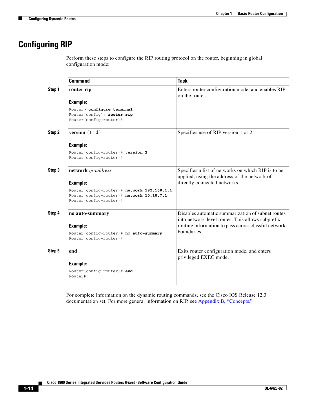 Cisco Systems OL-6426-02 manual Configuring RIP, Command Task, Router rip, Version 1, No auto-summary 