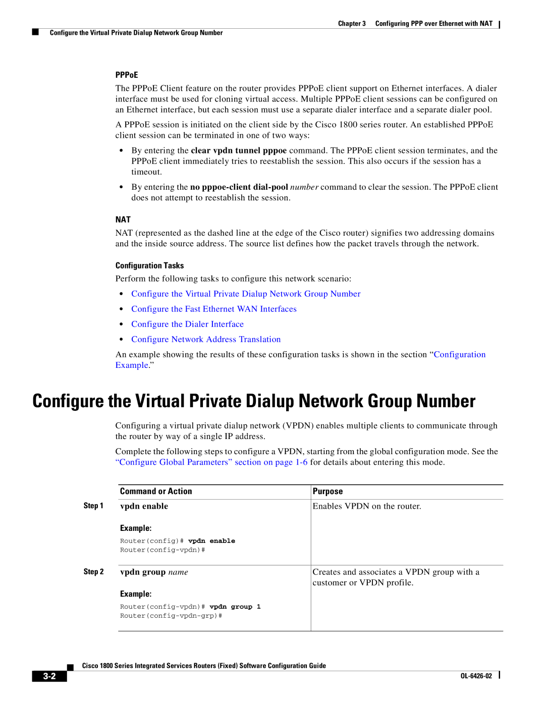 Cisco Systems OL-6426-02 manual PPPoE, Configuration Tasks, Command or Action Purpose, Vpdn enable, Vpdn group name 