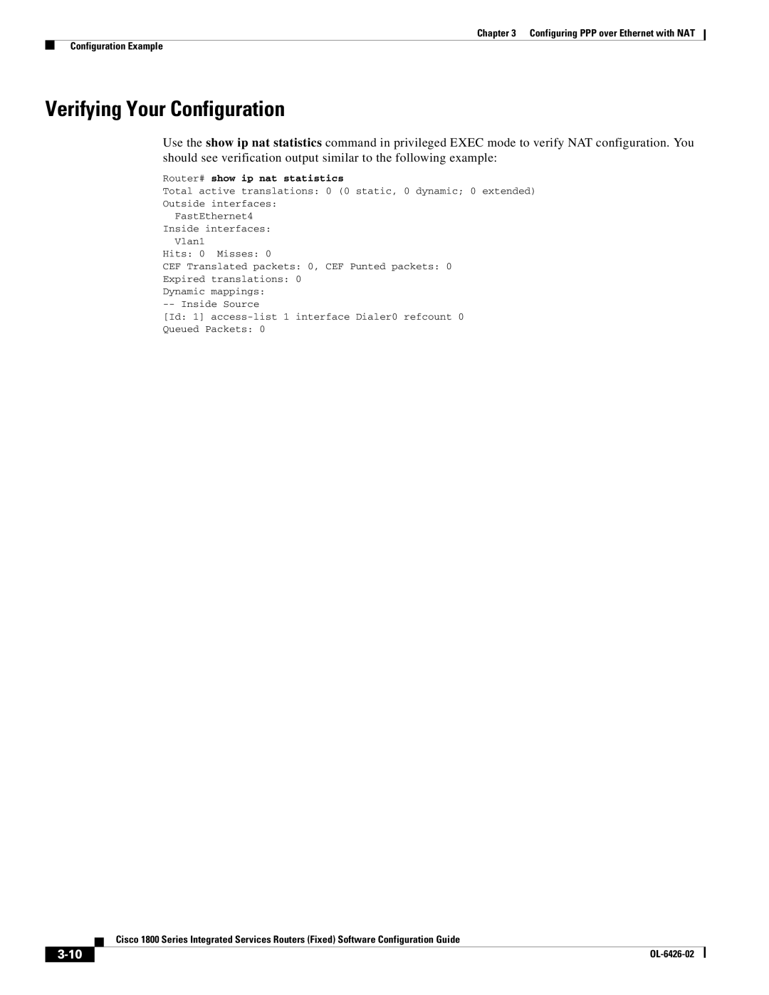 Cisco Systems OL-6426-02 manual Verifying Your Configuration, Router# show ip nat statistics 