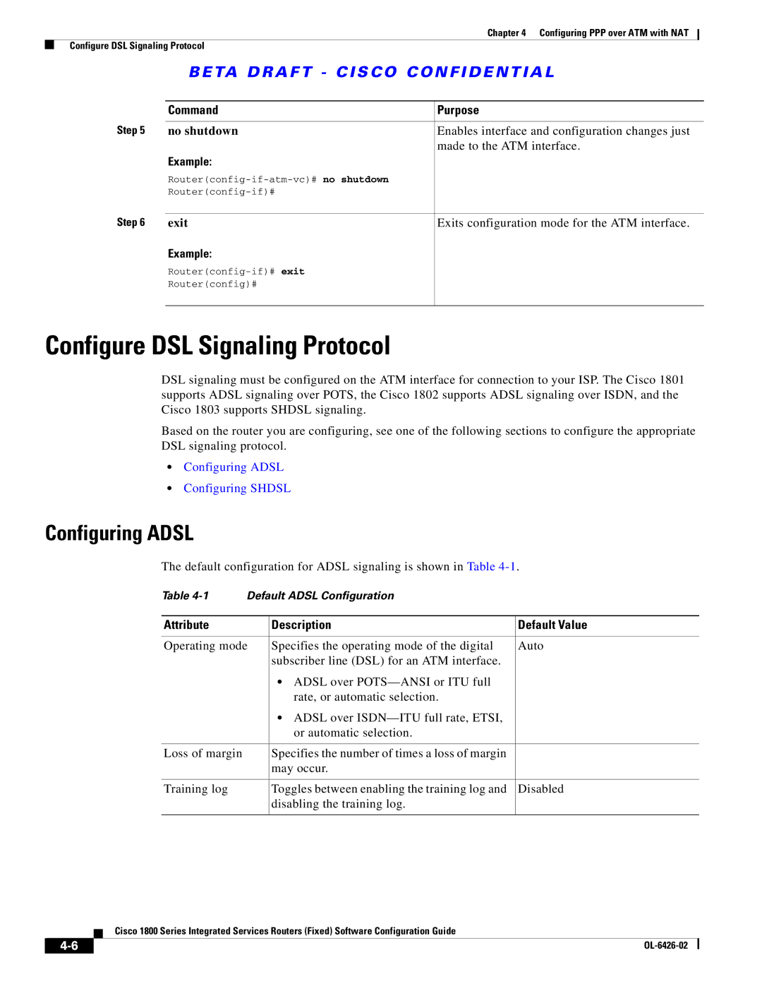 Cisco Systems OL-6426-02 manual Configure DSL Signaling Protocol, Configuring Adsl, Attribute Description Default Value 