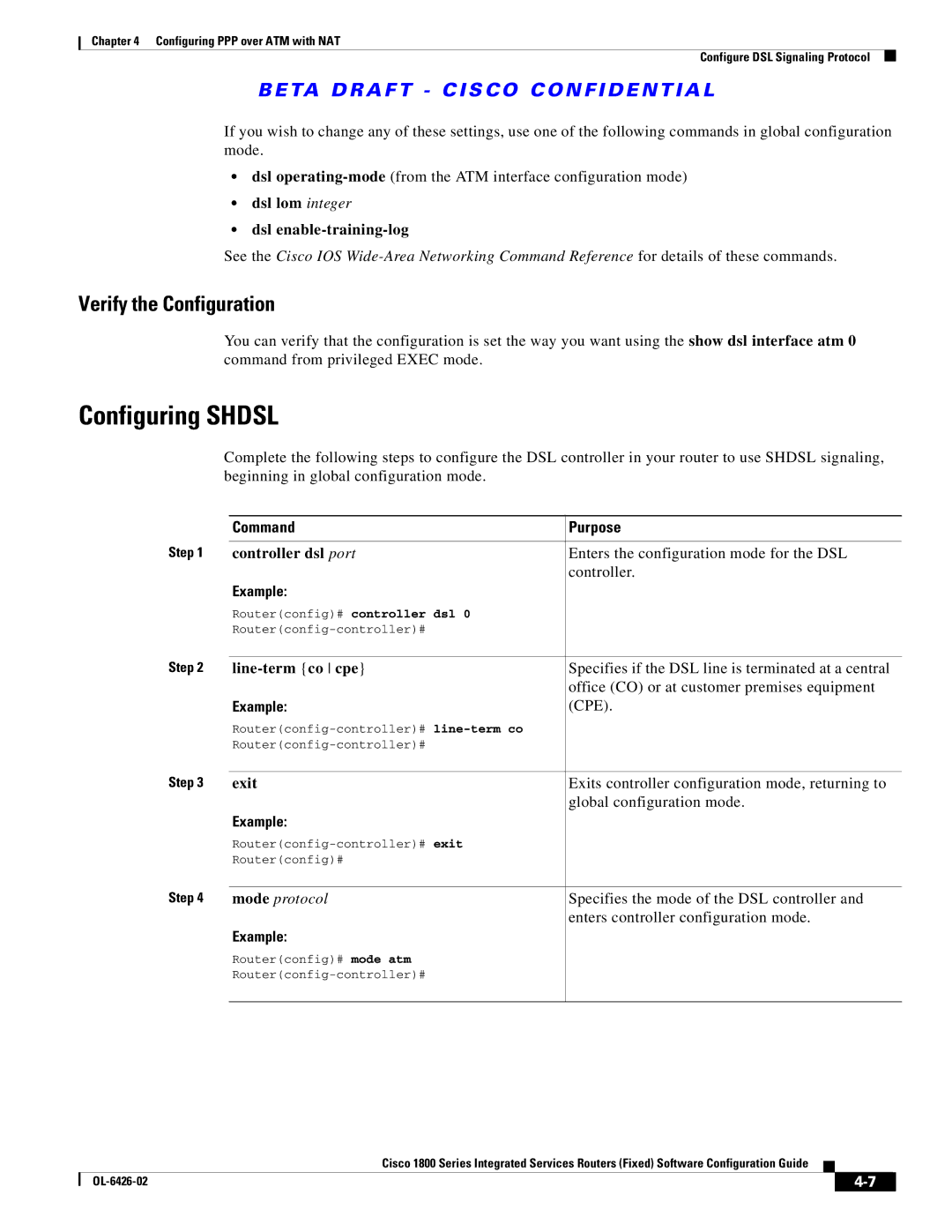 Cisco Systems OL-6426-02 manual Configuring Shdsl, Verify the Configuration, Dsl lom integer Dsl enable-training-log 