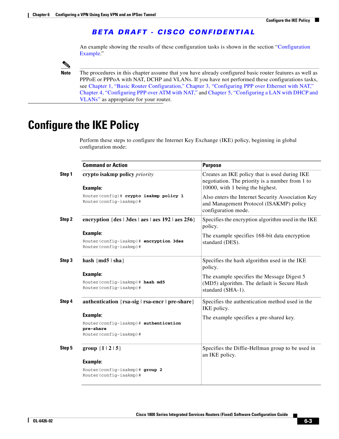 Cisco Systems OL-6426-02 manual Configure the IKE Policy 