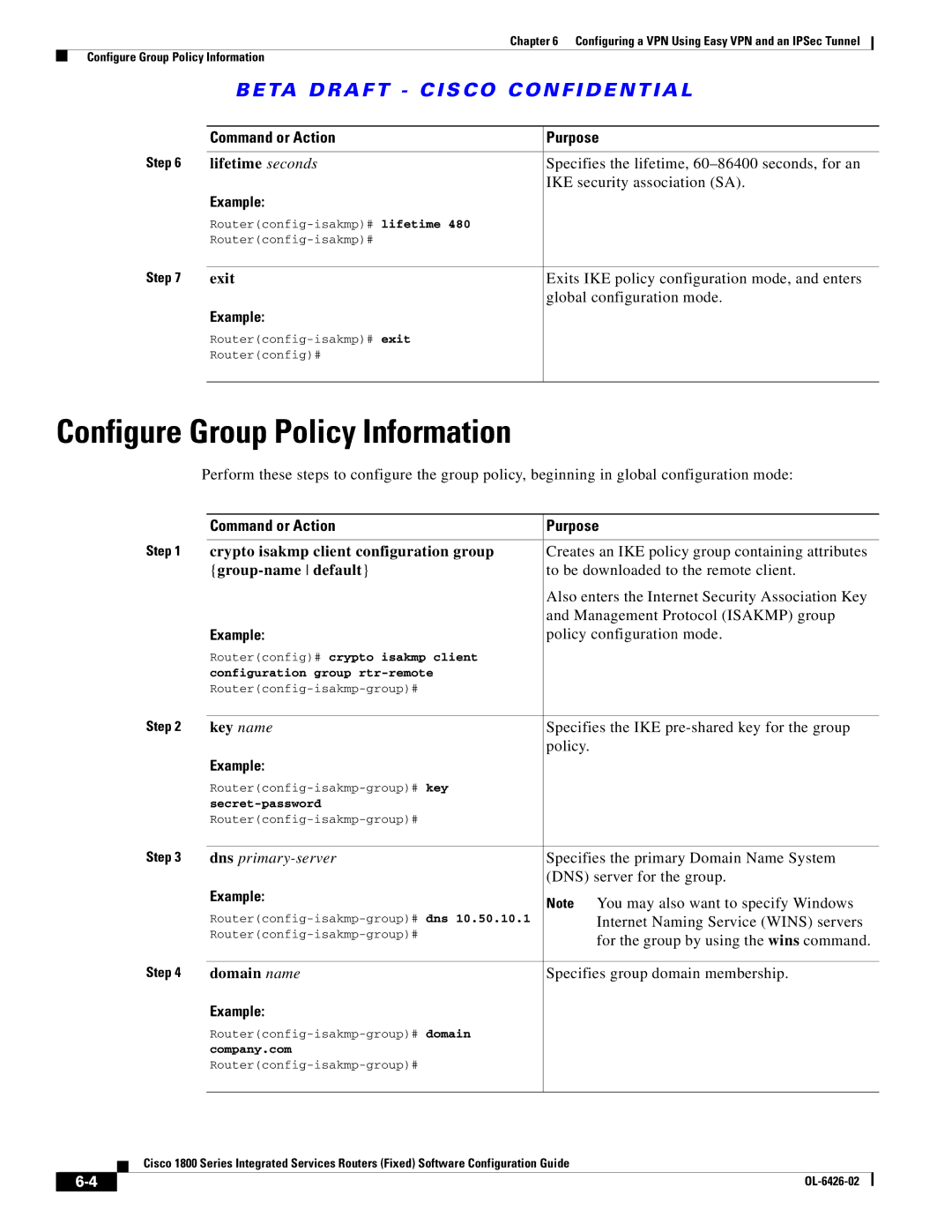 Cisco Systems OL-6426-02 Configure Group Policy Information, Crypto isakmp client configuration group, Group-name default 