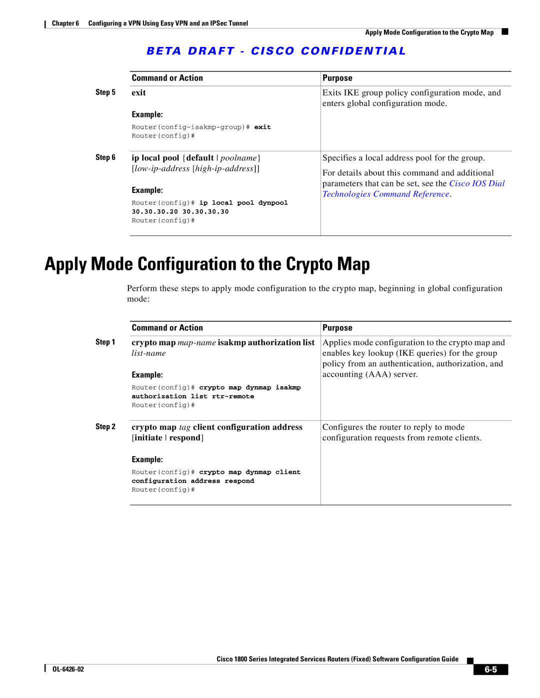 Cisco Systems OL-6426-02 manual Apply Mode Configuration to the Crypto Map, Ip local pool default poolname 