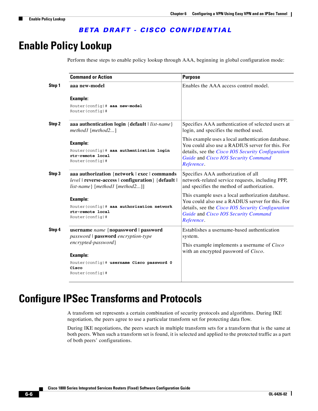 Cisco Systems OL-6426-02 manual Enable Policy Lookup, Configure IPSec Transforms and Protocols 