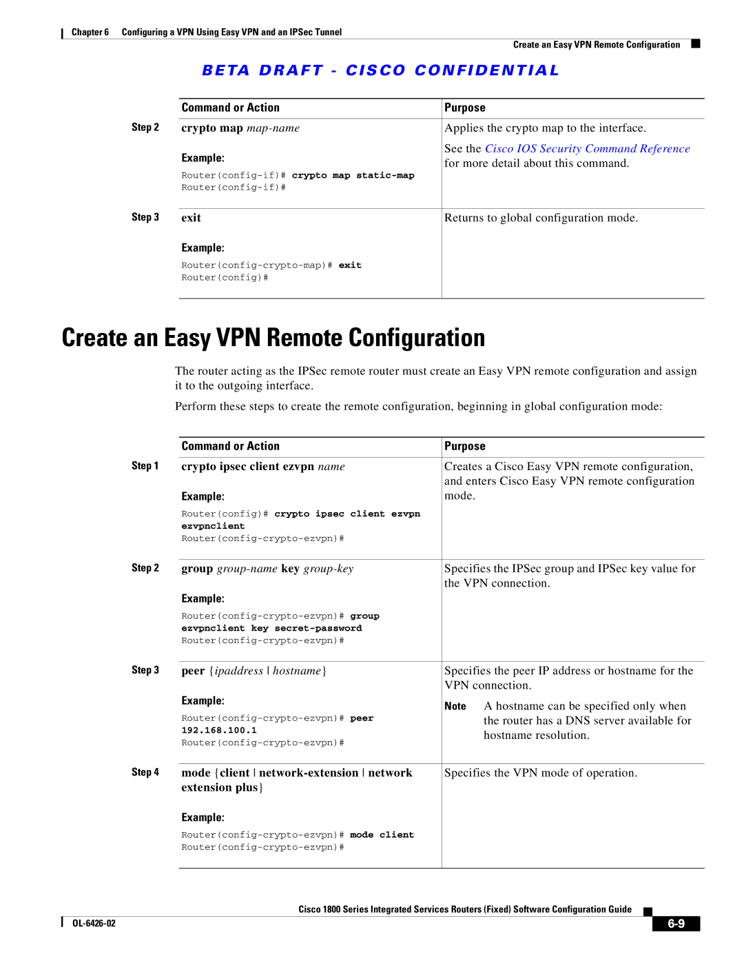 Cisco Systems OL-6426-02 manual Create an Easy VPN Remote Configuration, Crypto map map-name 