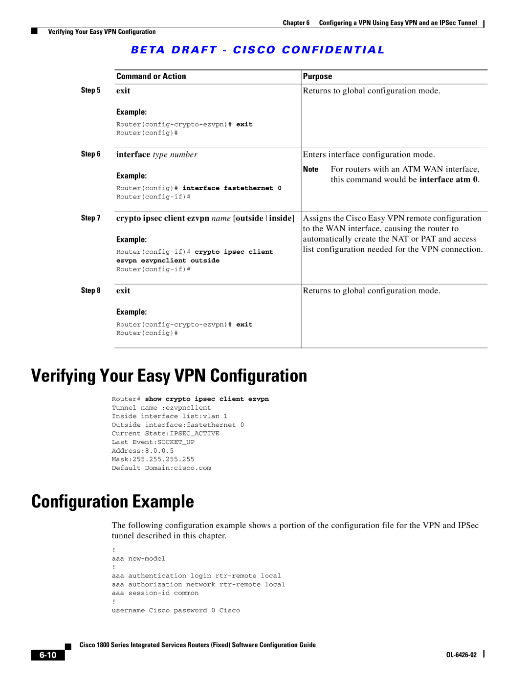 Cisco Systems OL-6426-02 manual Verifying Your Easy VPN Configuration, Crypto ipsec client ezvpn name outside inside 