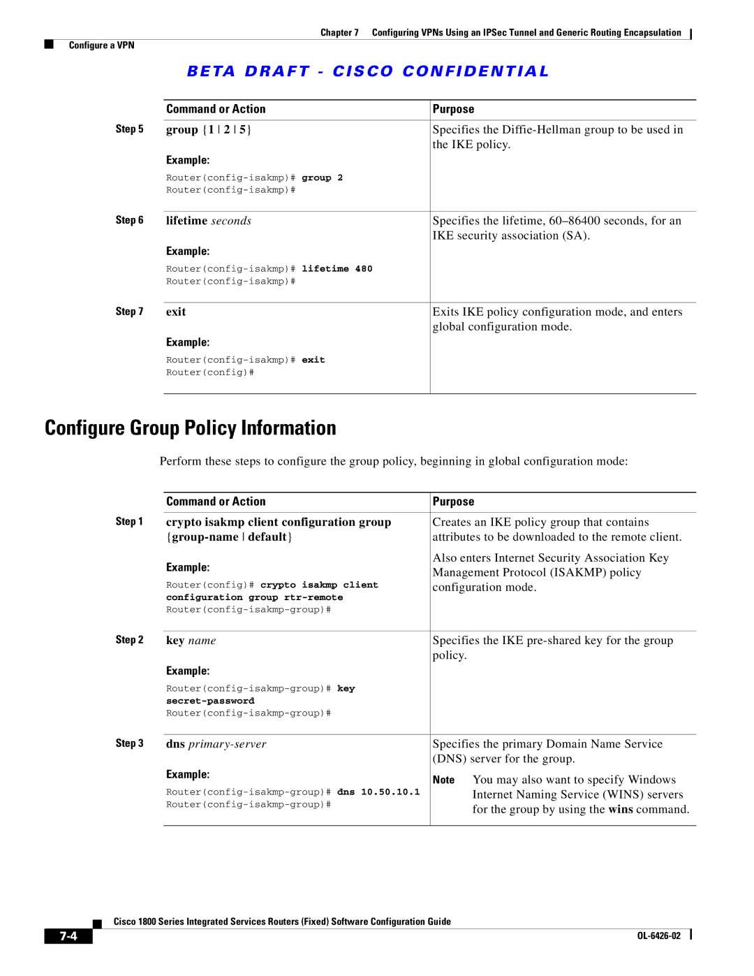 Cisco Systems OL-6426-02 manual Configure Group Policy Information, Group 1 2, Lifetime seconds 